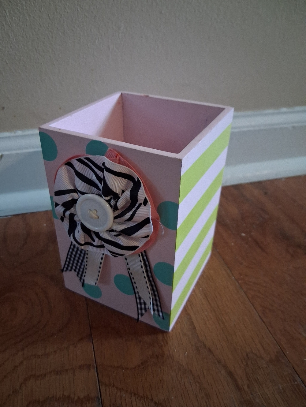 Hand-Painted Polka Dot & Stripe Pencil Cup with Fabric Flower